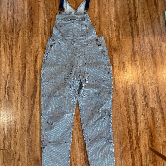 Duluth Trading Co Railroad Stripe Leg Cargo Womens Bib Overalls sz M - Picture 1 of 7